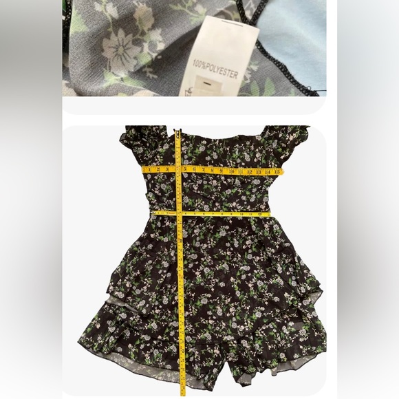 Womens Boho Playsuit Romper Small S Black Green Floral Off The Shoulders Lined - Picture 16 of 16